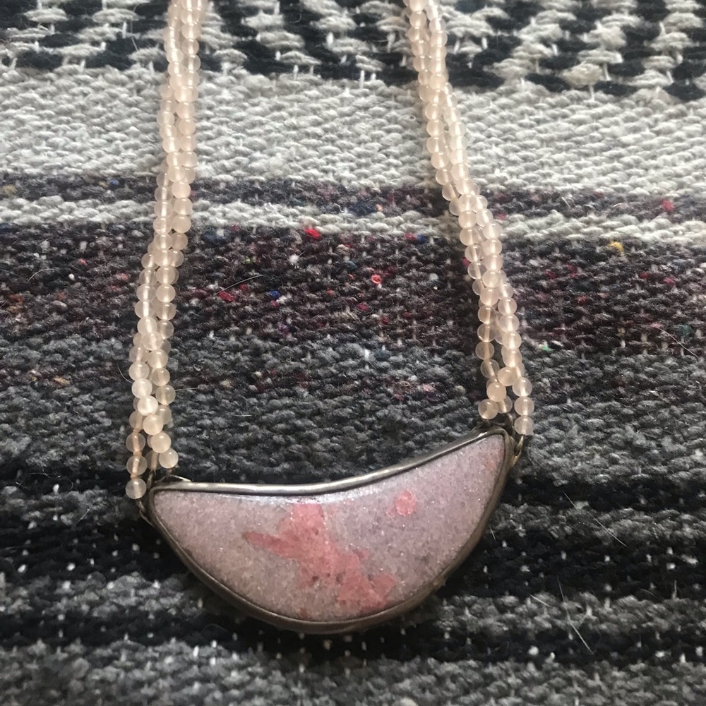 Pink and Purple Rhodonite and Rose Quartz Crescent Boho Necklace Handmade